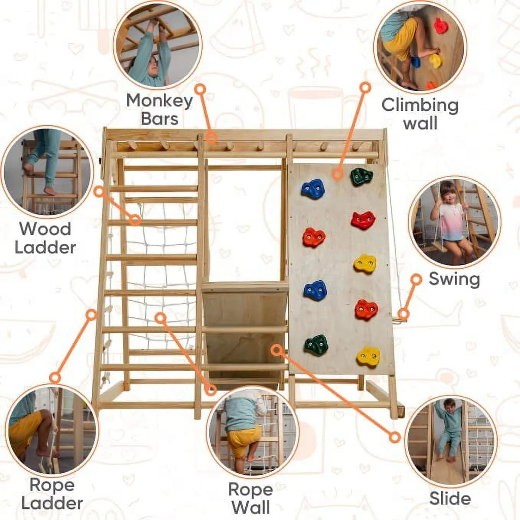 Avenlur Indoor Toddler and Child Indoor Gym Playground Climber - Real Wooden Playset 6-in-1 Slide, Rock Climb Wall, Rope Wall Climbing, Monkey Bars, Swing, Ladder Fun Gym for Children