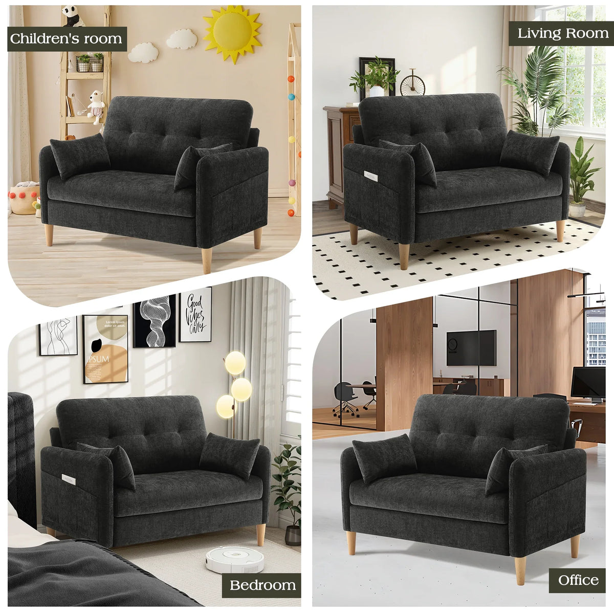 BedLuxury 47'' Wide LoveSeat, 2-seat Chenille sofa with 2 Pillows for Living Room and Small Spaces, Dark Grey