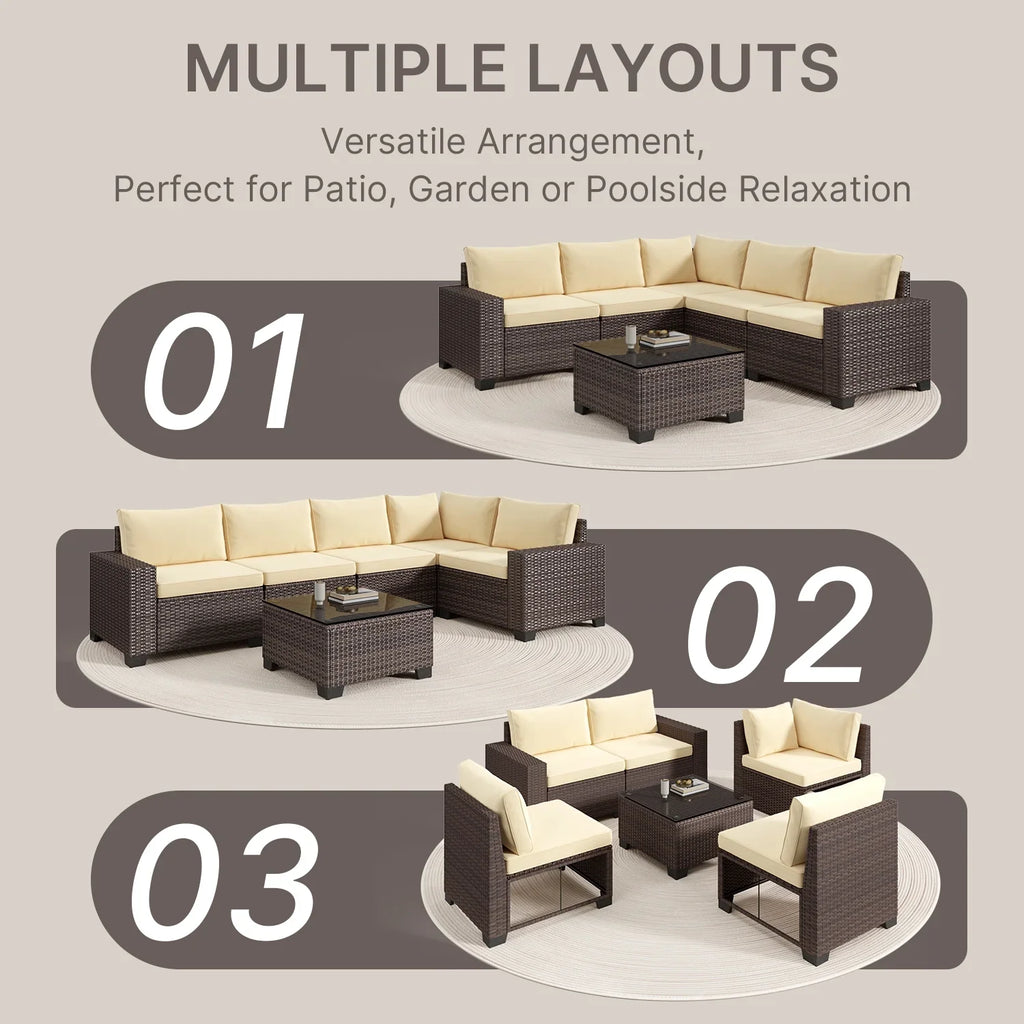 Aiho 7-Piece Rattan Patio Furniture Set , Outdoor Sectional Furniture Set for Patio, Garden, Backyard, Grey