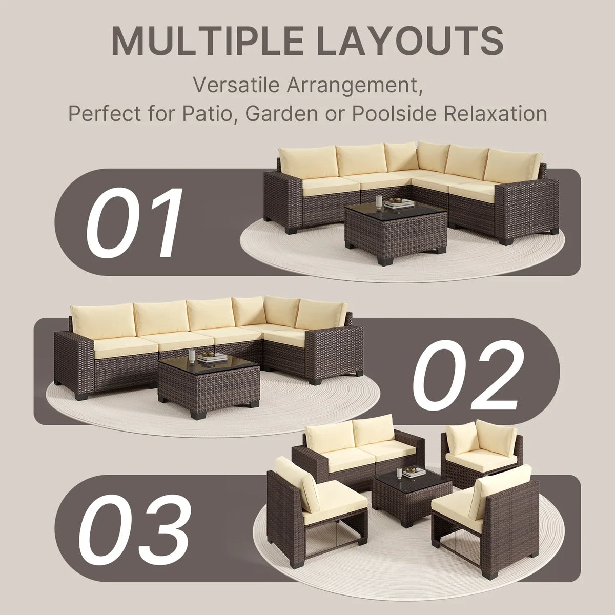Aiho 7-Piece Rattan Patio Furniture Set , Outdoor Sectional Furniture Set for Patio, Garden, Backyard, Grey