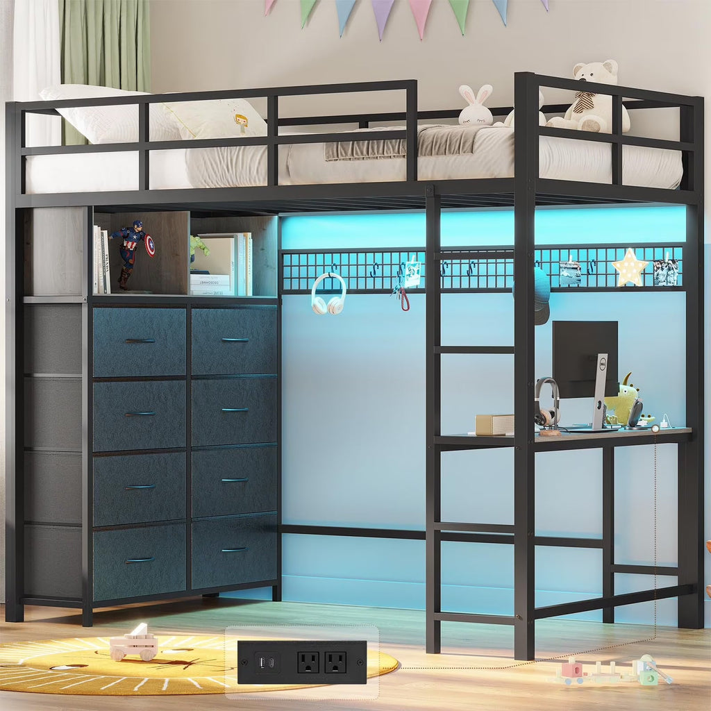 Afuhokles Twin Size Loft Bed with Desk and 8 Storage Drawers and Charging Station, Metal Loft Bed Twin with LED Lights, Storage Shelves, Black