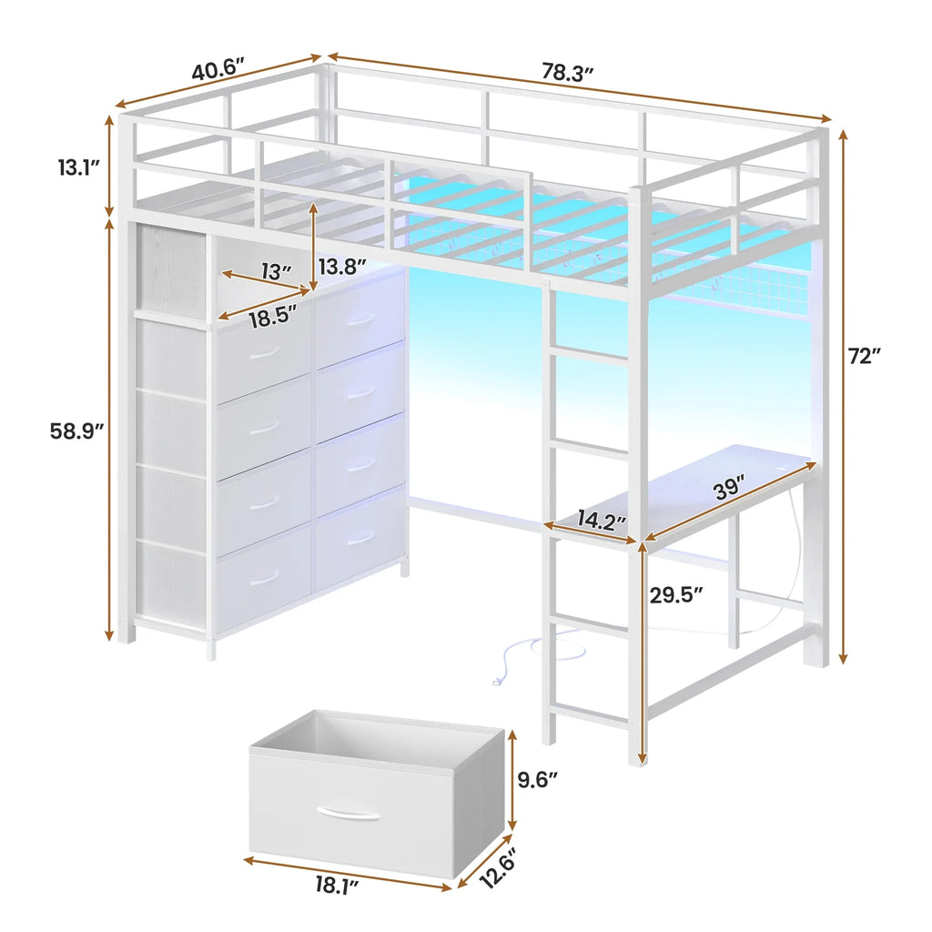 Afuhokles Twin Size Loft Bed with Desk and 8 Storage Drawers and Charging Station, Metal Loft Bed Twin with LED Lights, Storage Shelves, Black