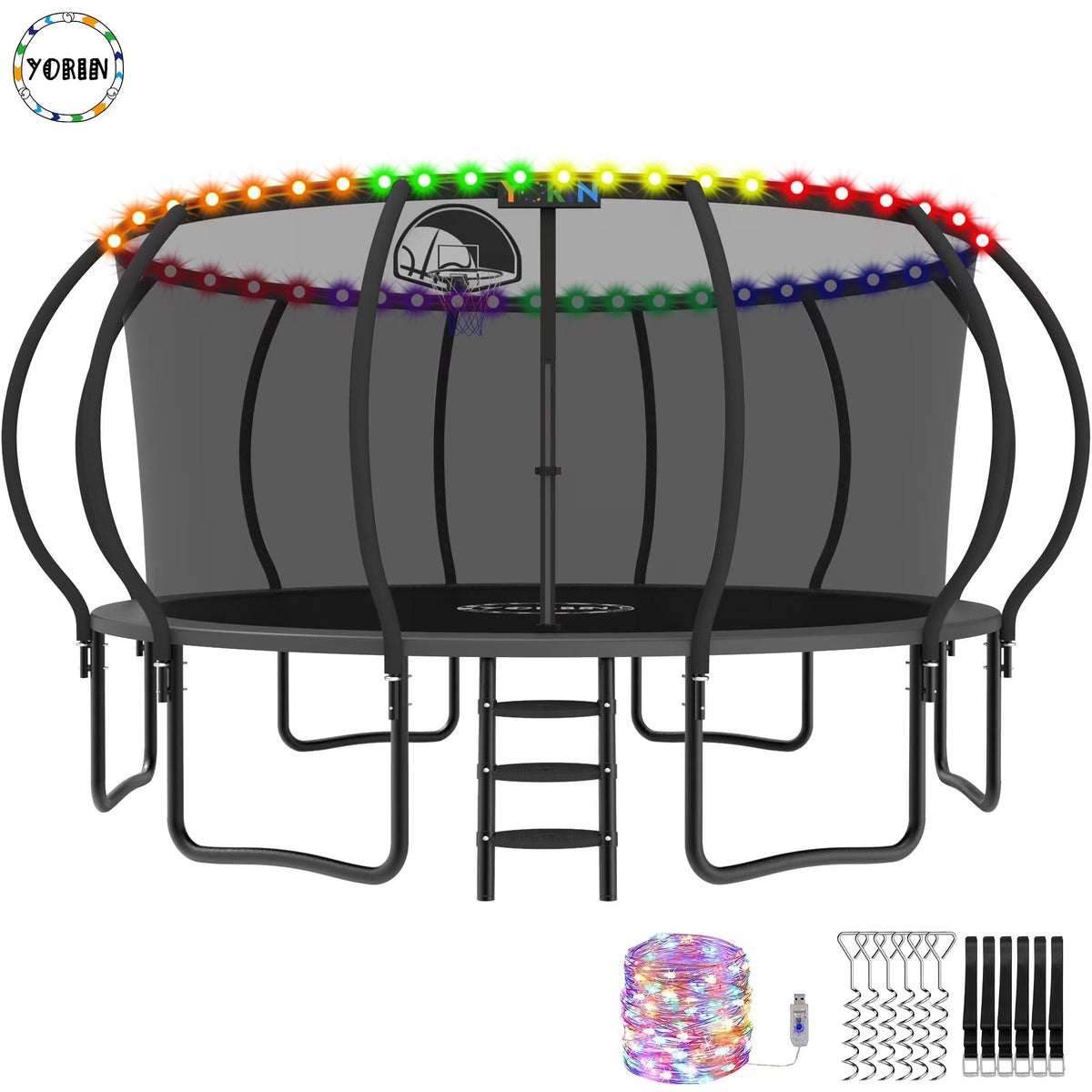 YORIN Trampoline with Trampoline Light, 1200LBS 12FT Trampoline for 5-6 Kids Adults, Recreational Trampoline with Basketball Hoop, Ladder, Galvanized Outdoor Heavy Duty Trampoline