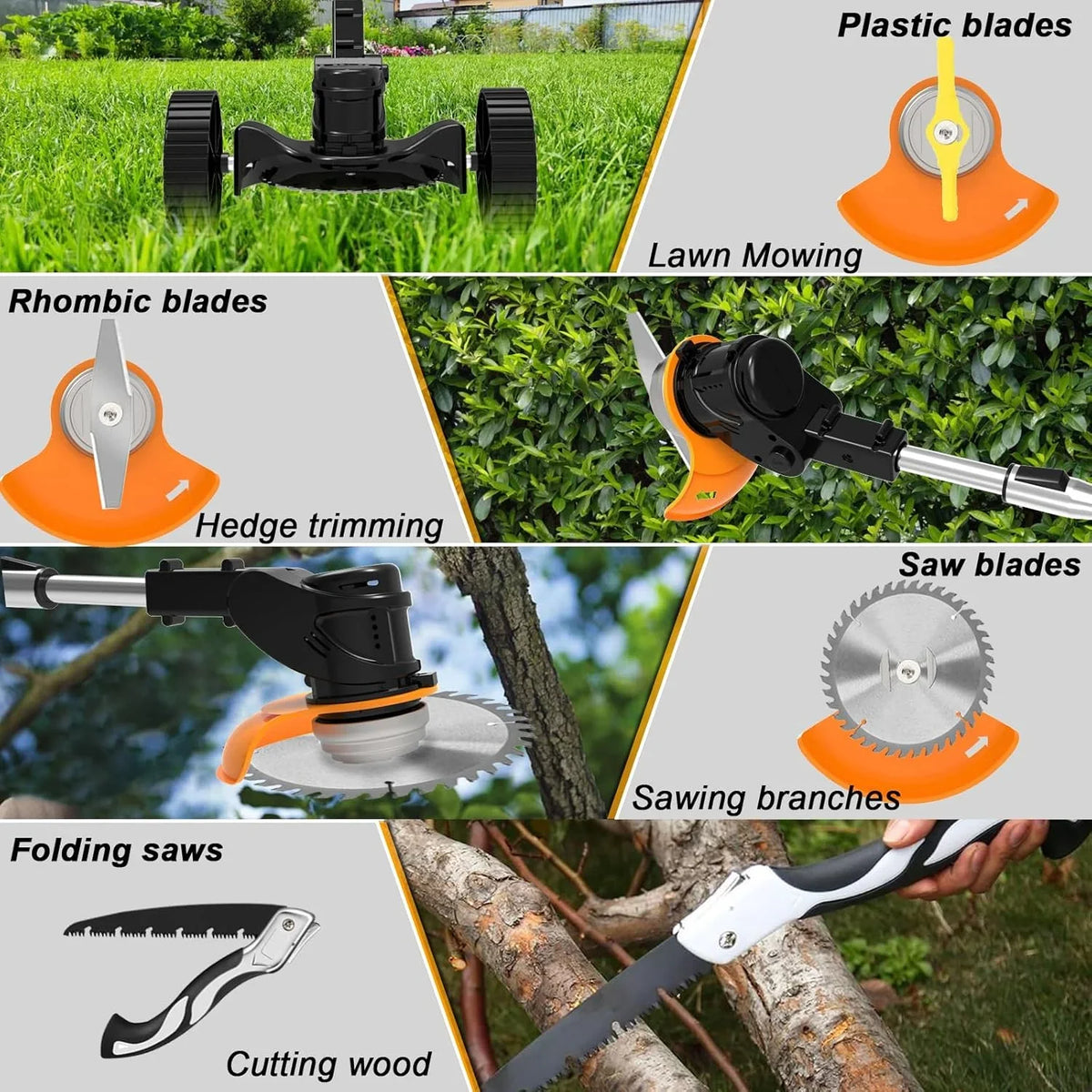 Cordless Electric  Trimmer, 21V Grass Edger with Wheels, 3-in-1 Metal/Saw/Plastic Blade, Adjustable Height & Noise Reduction, Includes Deluxe Accessories