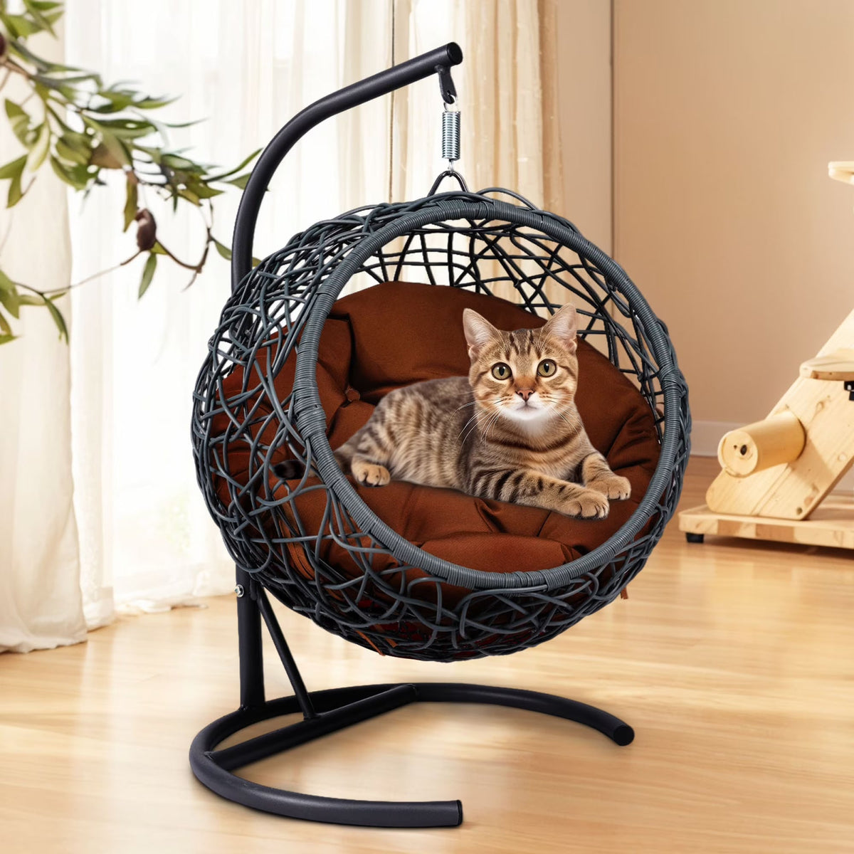 Cat Swing Bed with Stand & Cushion, Cat Egg Chair with Rattan Wicker Appearance, Indoor Hanging Swinging Cat Bed