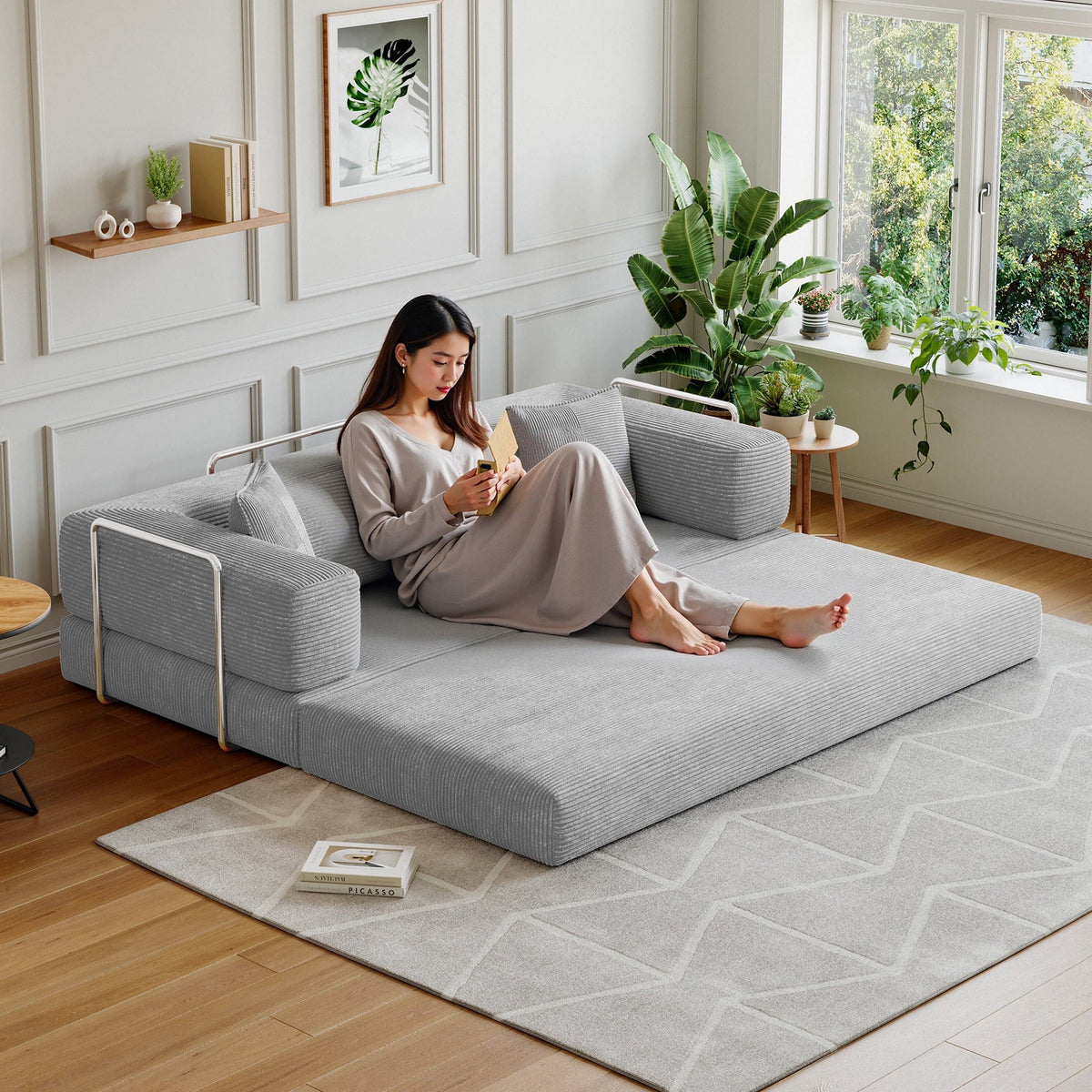 Convertible Sleeper Sofa Bed,Compressed Floor Boneless Couch,Modular Modern Corduroy Sofa for Living Room Bedroom -with Fixed-Shape Frame and Support Armrest,Easy Assembly(Green)