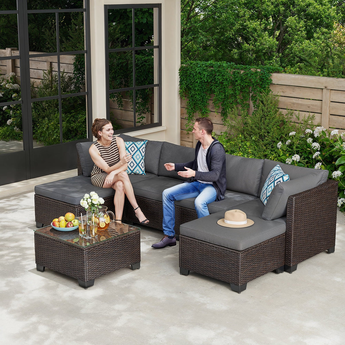 Aiho 7-Piece Rattan Patio Furniture Set , Outdoor Sectional Furniture Set for Patio, Garden, Backyard, Grey