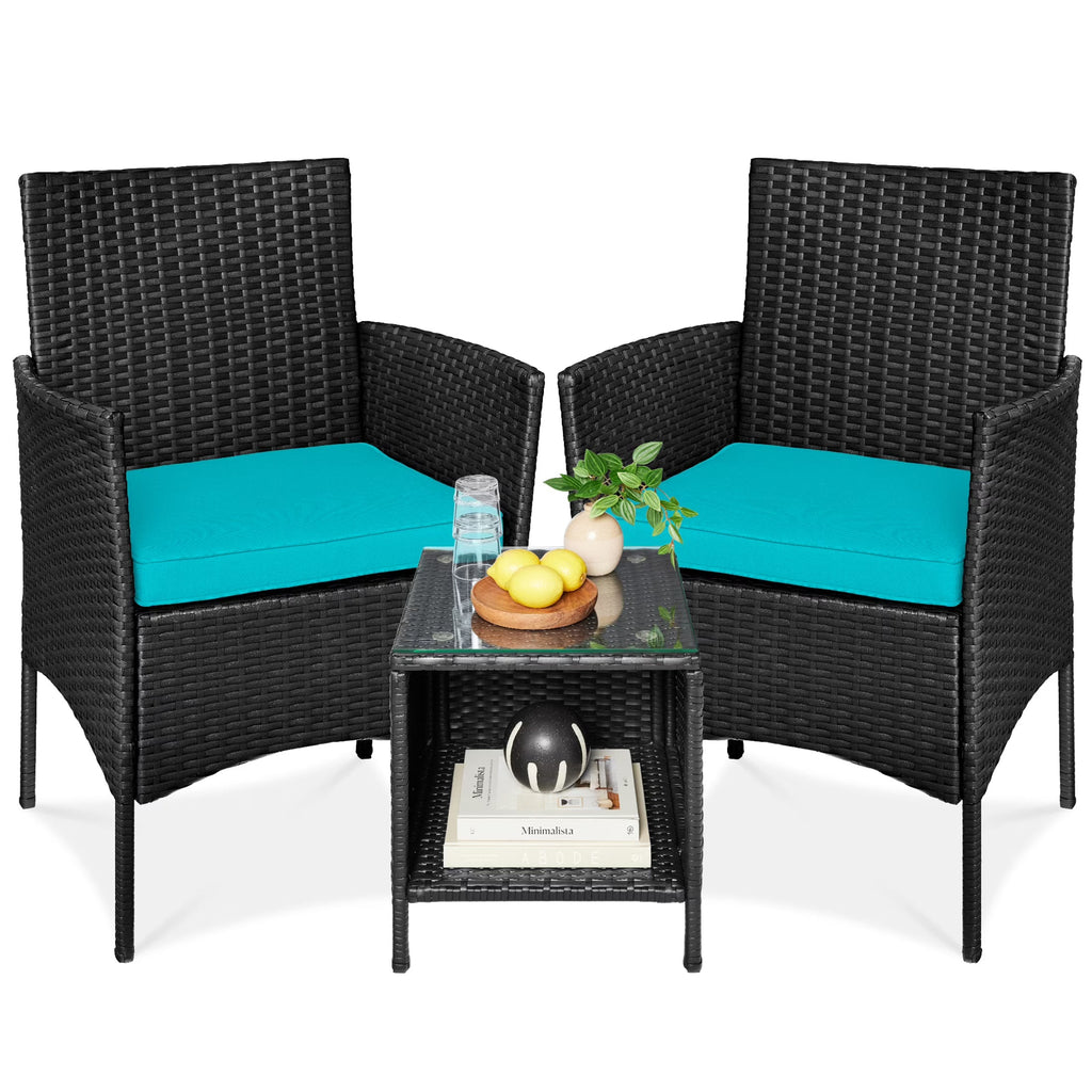 Best Choice Products 3-Piece Outdoor Wicker Conversation Patio Bistro Set, w/ 2 Chairs, Table - Gray/Navy
