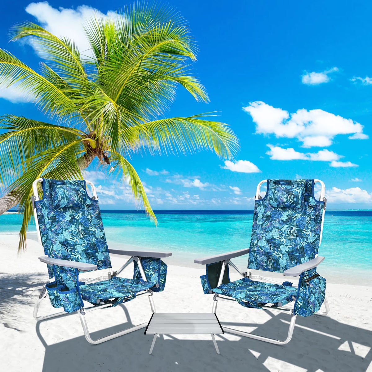Costway 2-Pack Folding Backpack Beach Chair Table Set 5-Position Outdoor Reclining Chair Pink