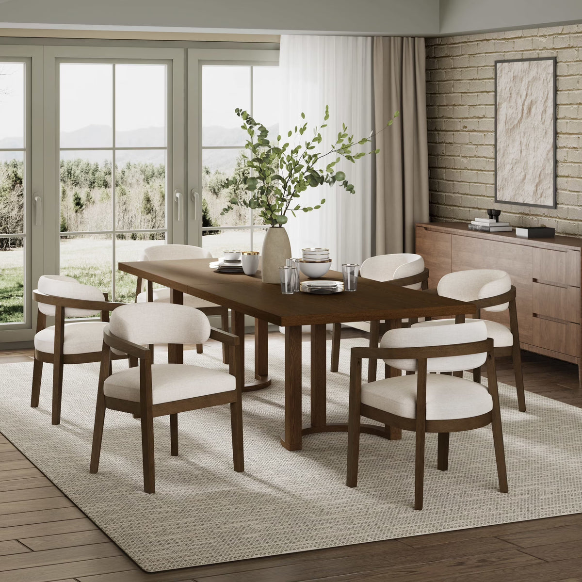 Christopher Knight Home 7-Piece Dining Set with 95" Wood Table, Curved Back Upholstered Armchairs, Walnut & Beige