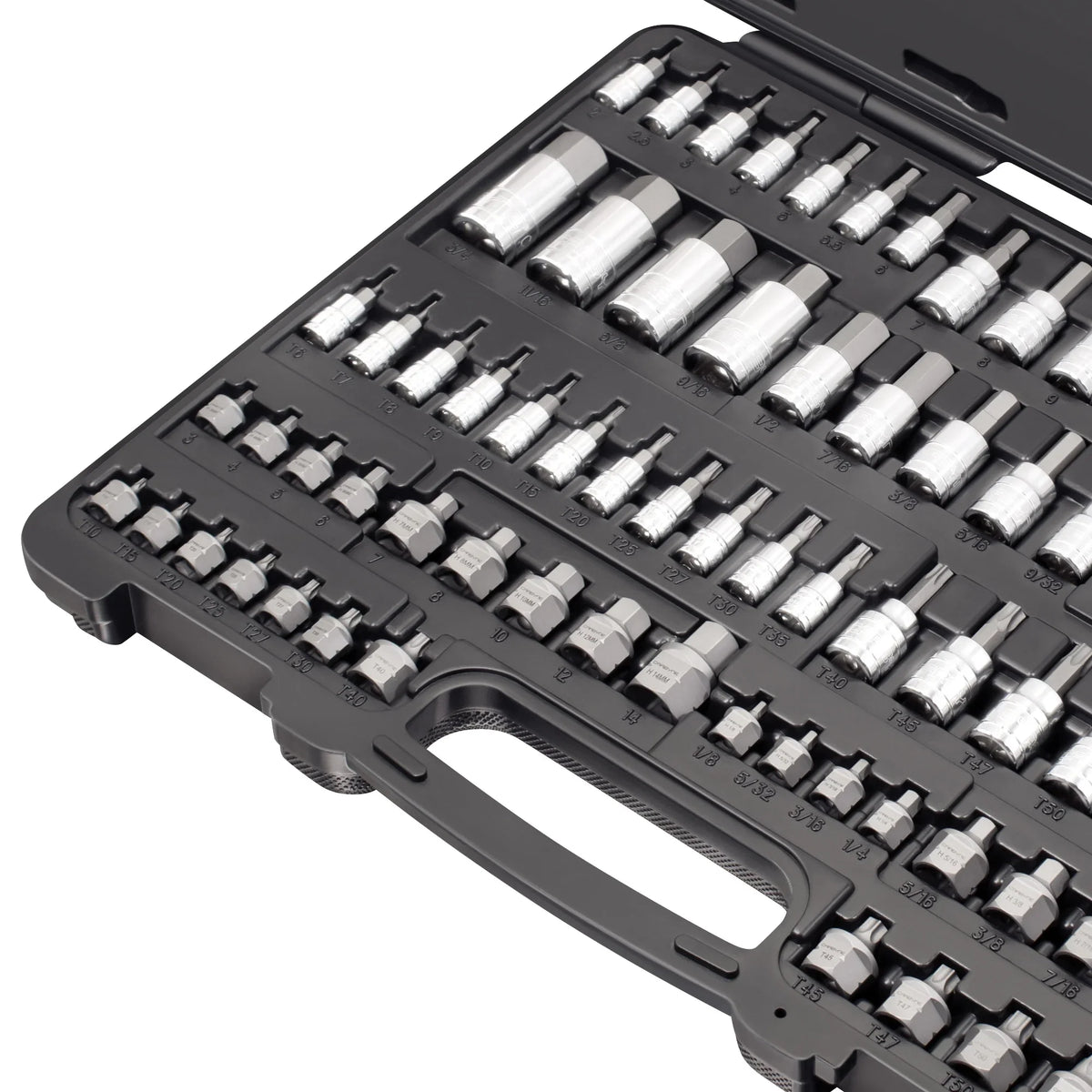 Carbyne 80-Piece Torx, SAE Hex (Allen) & Metric Hex (Allen) Bit Socket Set with 30 Super Short Bit Sockets, Cr-V Steel Sockets, S2 Steel Bits, Durable Storage Case