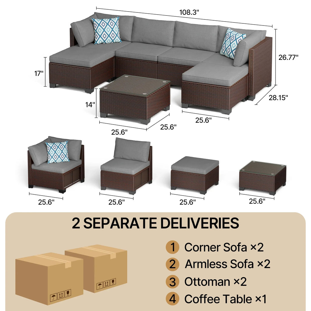 Aiho 7-Piece Rattan Patio Furniture Set , Outdoor Sectional Furniture Set for Patio, Garden, Backyard, Grey