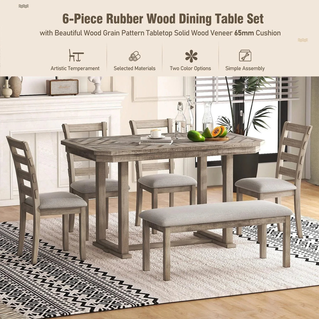 Bellemave 6-Piece Dining Table Set, Rubber Wood Rectangular Kitchen Table Set for 6, Farmhouse Dining Table Set with 4 Upholstered Chairs and Bench (Gray)