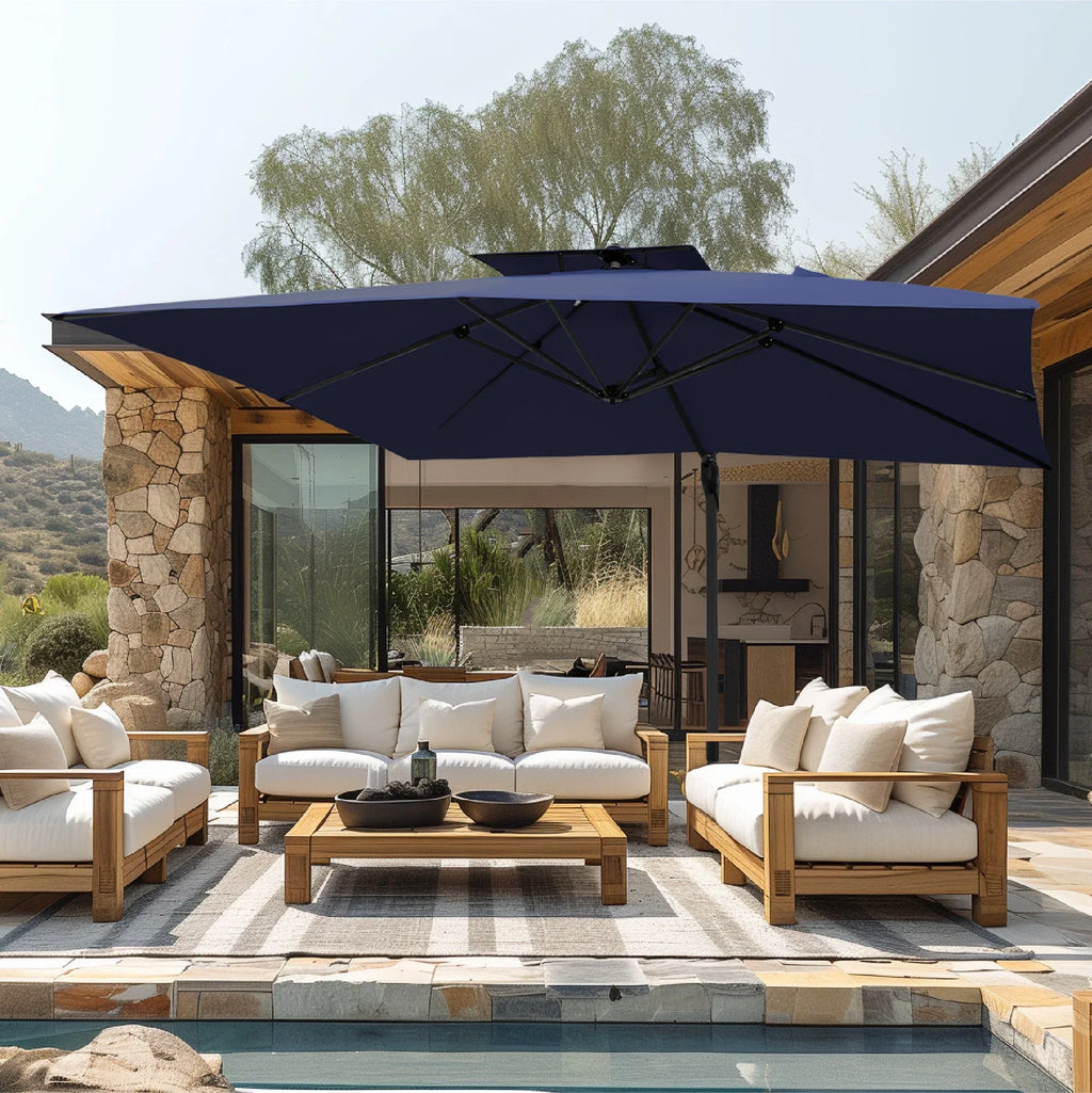 Alpha Joy 12x9ft Outdoor Patio Umbrella Large Rectangle Offset Cantilever Double Umbrella with 360°Rotation, Beige
