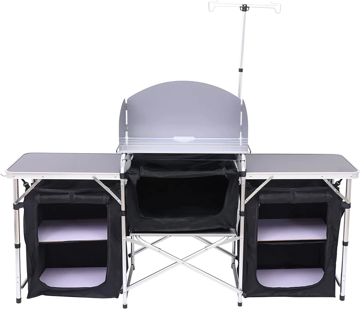 C Camping Kitchen Table, Folding Table, Upgrade Light Stand and Windshield Cooking Station & 3 Organizers, Carry Bag for Outdoor, Beach, BBQ, Picnic, Cooking, Indoor, Office