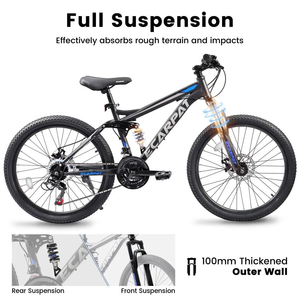 A2760 27.5 Inch Full Suspension Mountain Bike, Front and Rear Dual Shock Absorbers, Mechanical Disc Brakes, 21-Speed, Suitable for Men and Women, Ideal for Travel and Fitness Enthusiasts