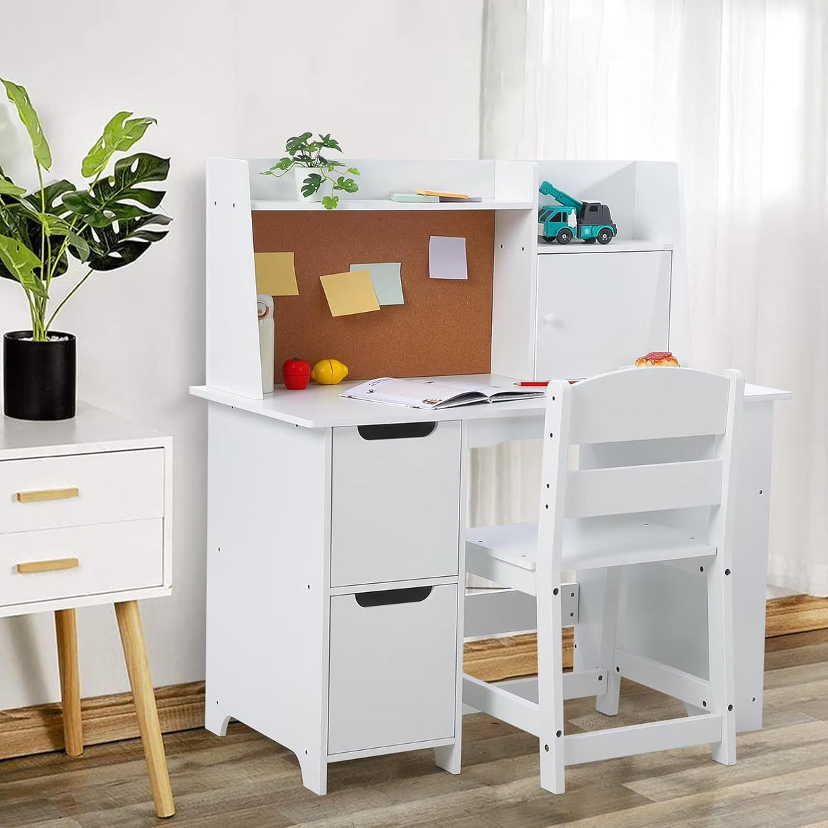 Wpond Kids Desk and Chair Set, Wooden Children Study Table with Storage, Bulletin Board, Student Computer Workstation Writing Desk for Kids Bedroom, School, White