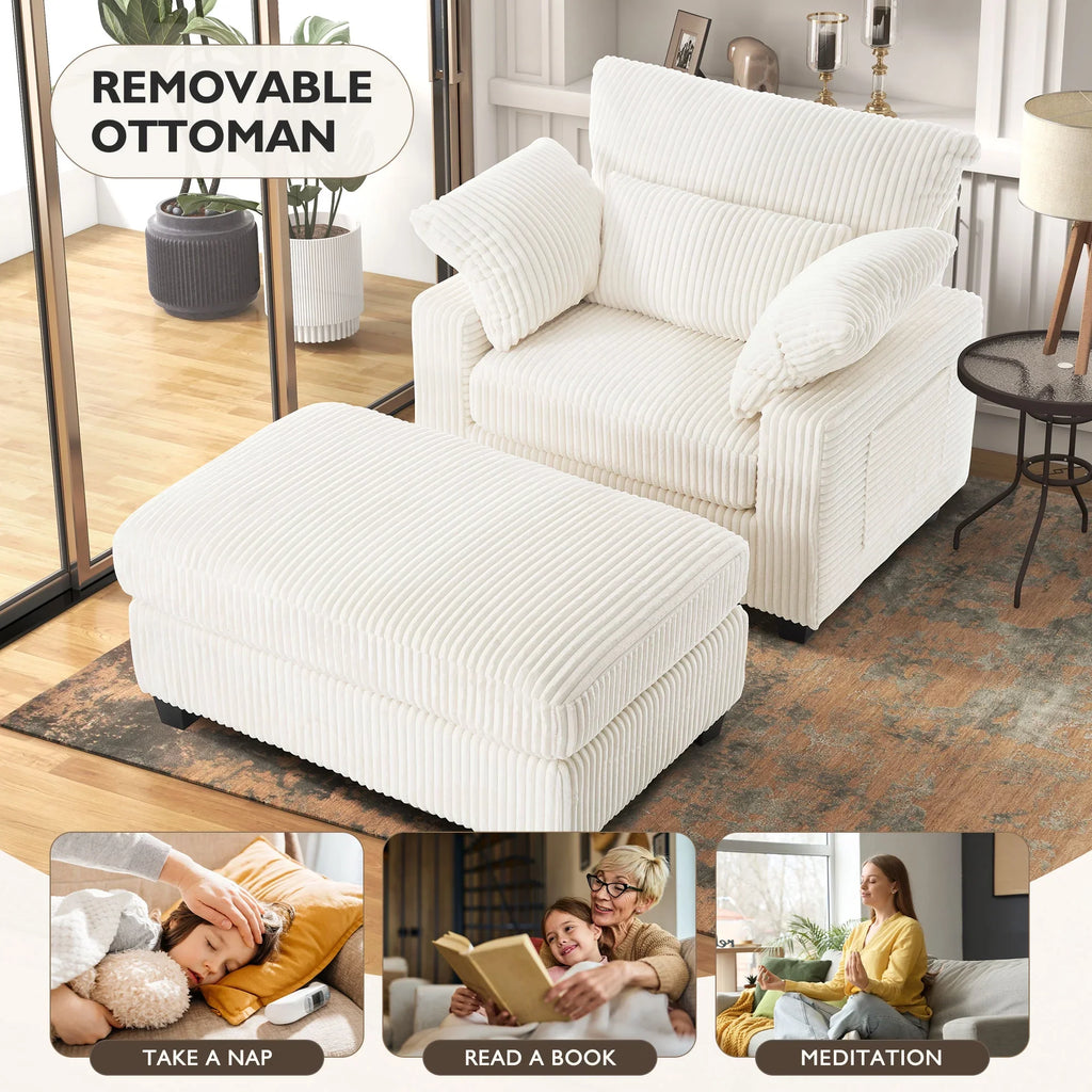 BedLuxury Oversized Accent Chair with Ottoman for Living Room,  Single Sleeper Sofa Armchair with 3 Pillows, Lounge Sofa Bed, Green