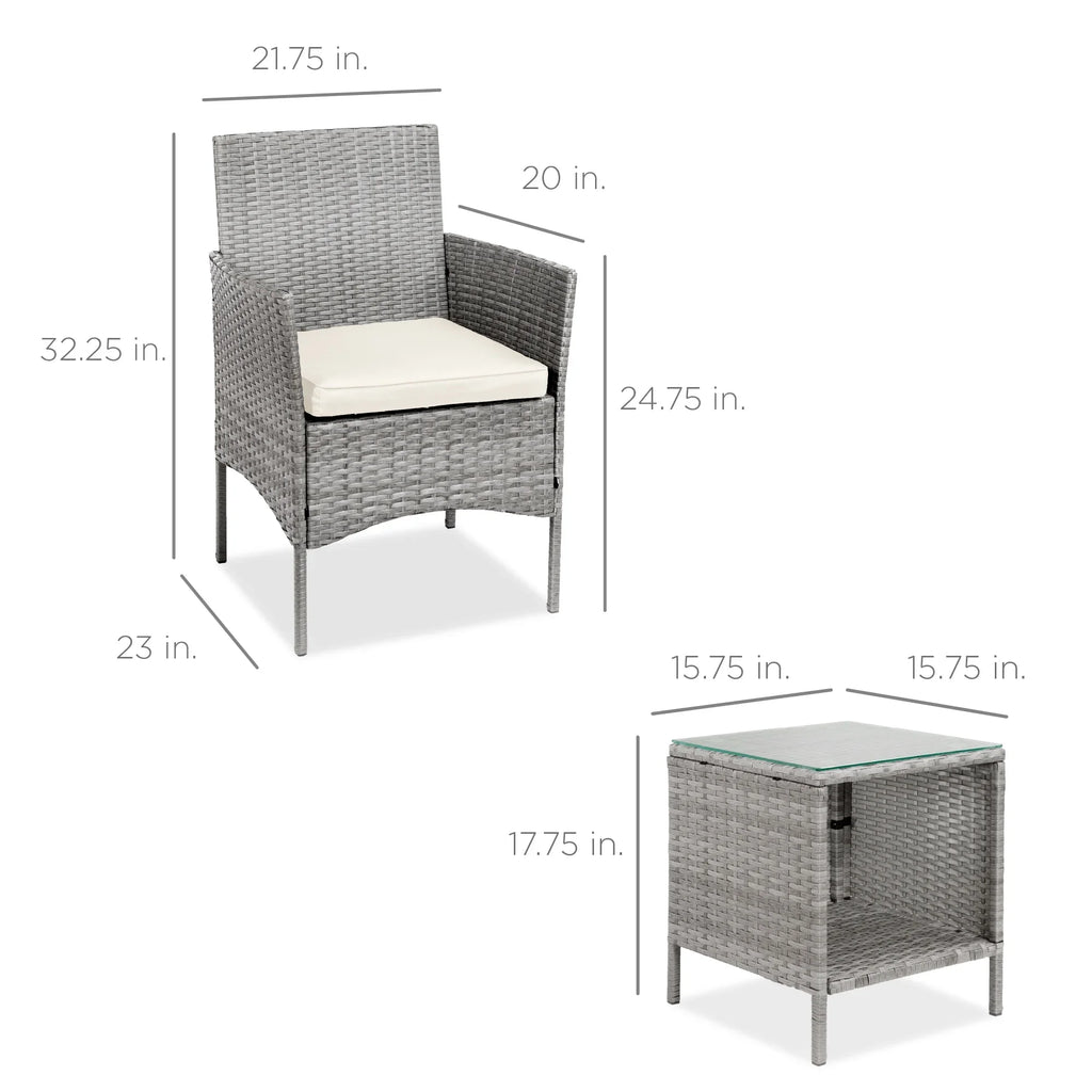 Best Choice Products 3-Piece Outdoor Wicker Conversation Patio Bistro Set, w/ 2 Chairs, Table - Gray/Navy