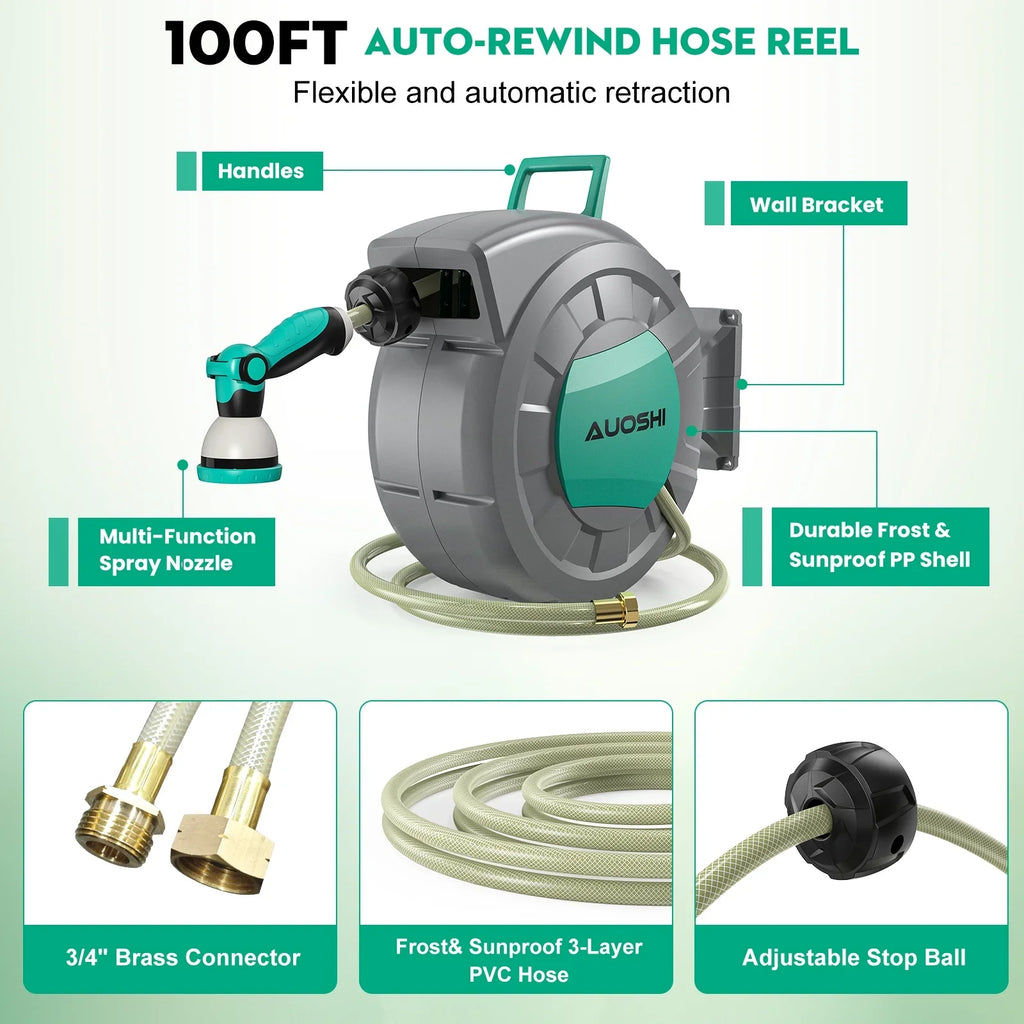 AUOSHI Retractable Garden Hose Reel 1/2" 100ft Automatic Hose Reel with 10 Function Sprayer Nozzle Wall Mount 180 Deg Swivel Bracket Hose Reel with Any Length Lock Slow Return System