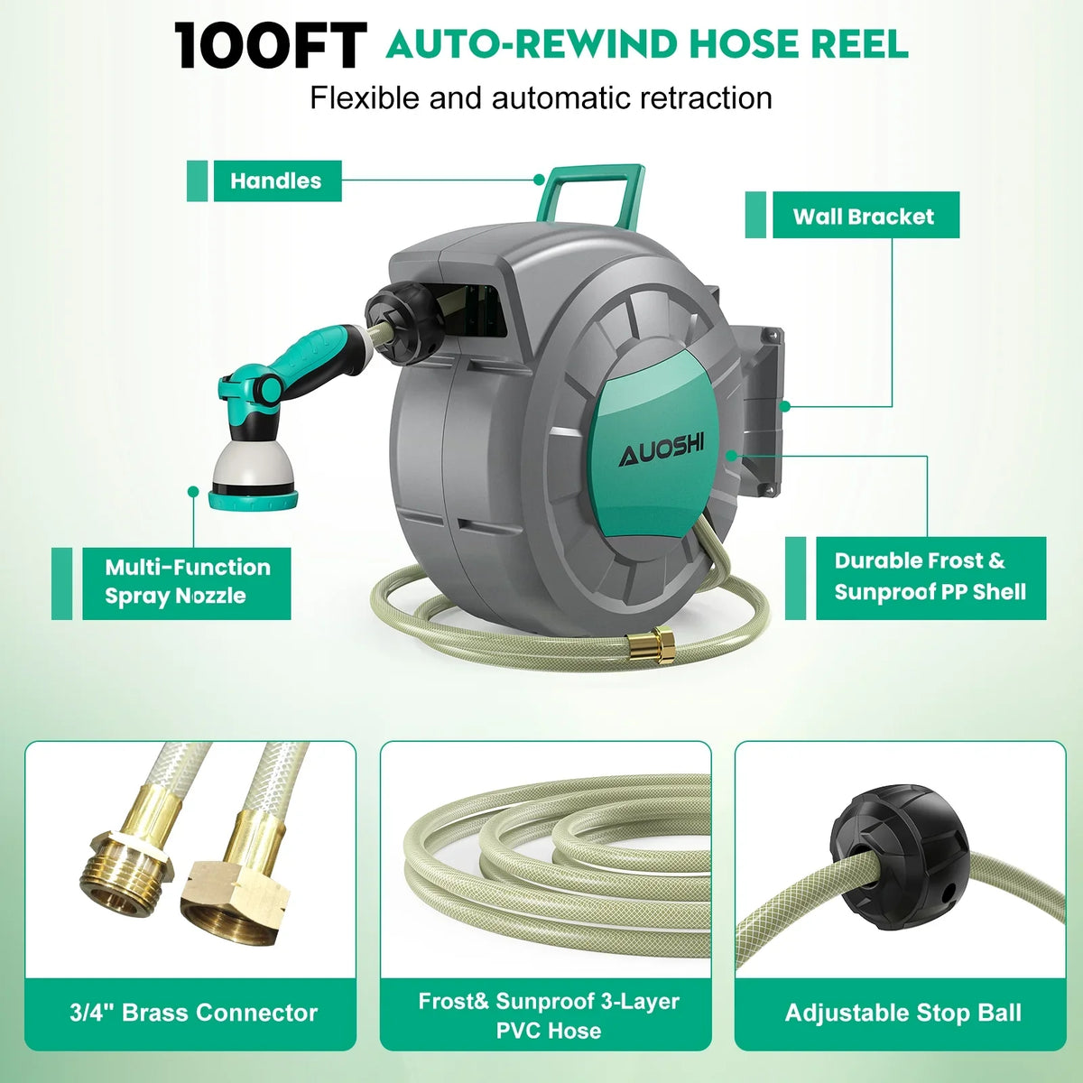 AUOSHI Retractable Garden Hose Reel 1/2" 100ft Automatic Hose Reel with 10 Function Sprayer Nozzle Wall Mount 180 Deg Swivel Bracket Hose Reel with Any Length Lock Slow Return System