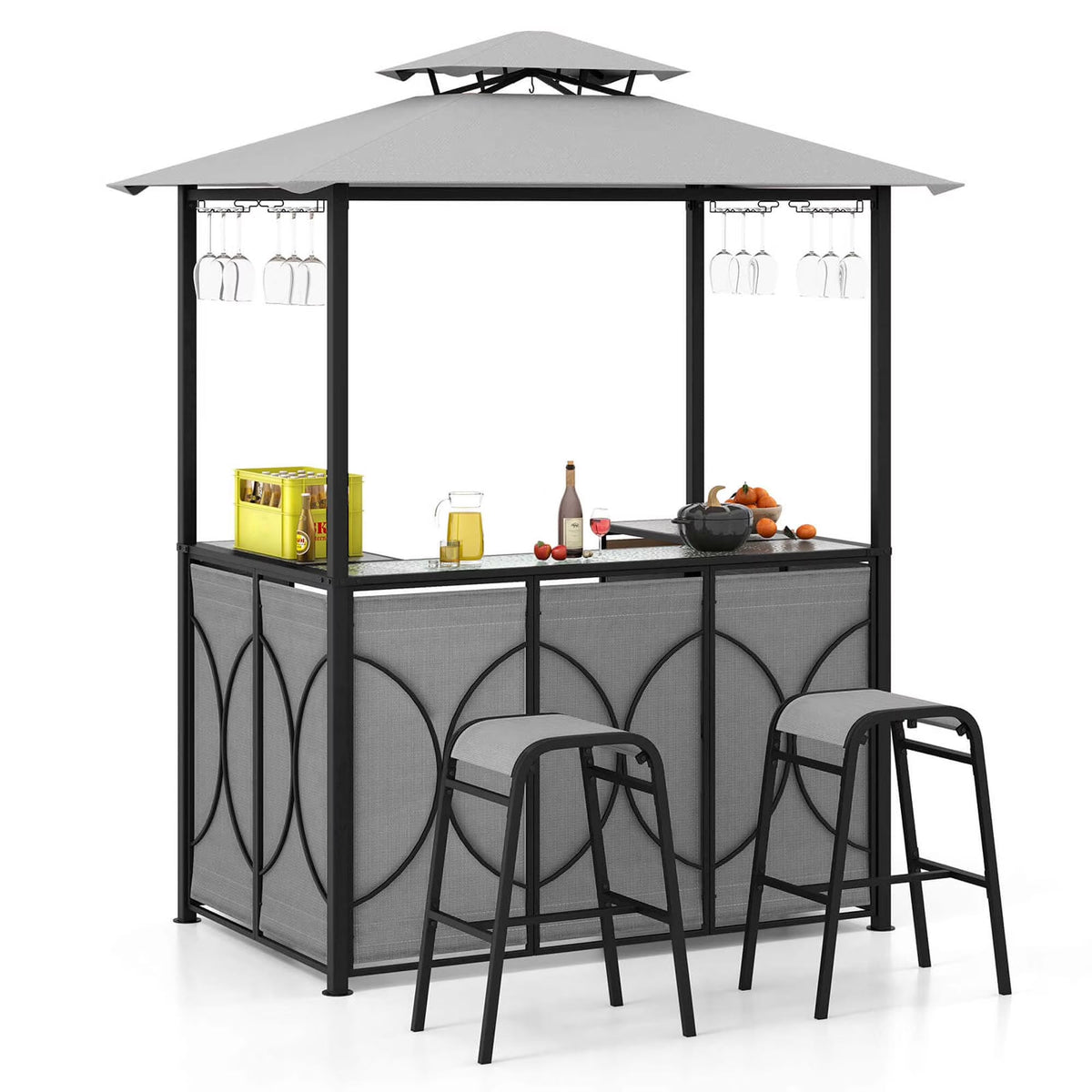 Costway 3 PCS Patio Bar Set with Tempered Glass Bar Table Metal Storage Shelves for Garden Grey