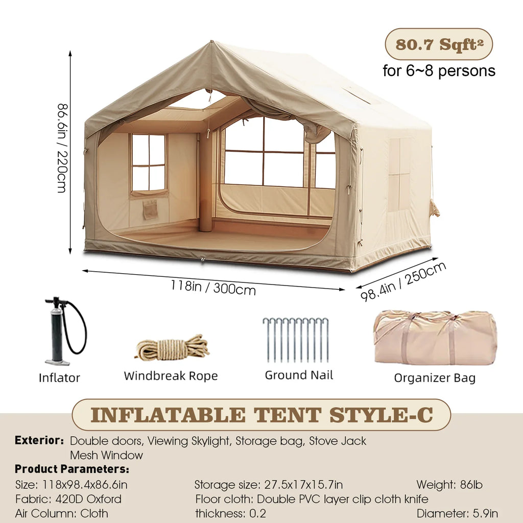 9.8' x 7' Inflatable Camping Tent,4 Season Blow up Tents for Camping, 4-6 Person Inflatable Tent with Stove Jack,Air Tents,Glamping Tent,Waterproof Luxury House with Mesh Window
