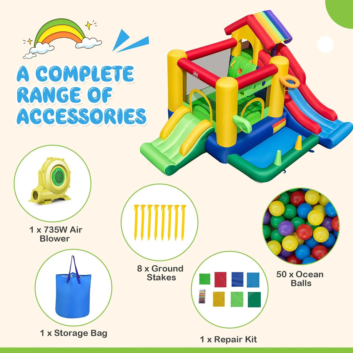 Costway Colorful Rainbow Kids Inflatable Bounce Castle with 50 Ocean Balls & 735W Blower