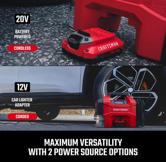 CRAFTSMAN 3-in-1 Tire Inflator, 160PSI Portable Air Compressor/Car Vacuum/Dust Blower, 20V Cordless & 12V Car Power, Air Pump with LED Light for Cars Trucks RV Tires (Battery Sold Separately)