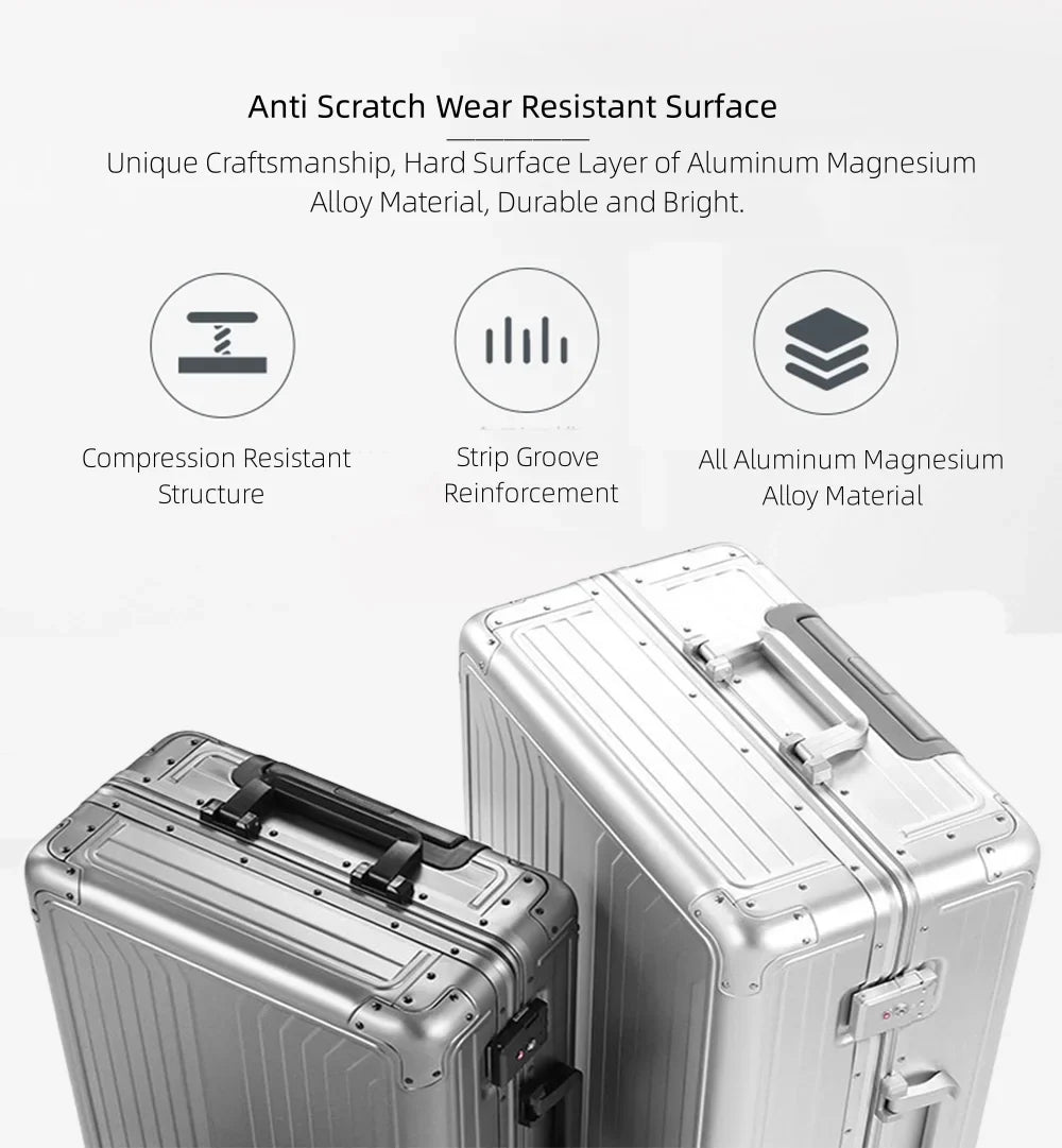 All Aluminum Magnesium Hardshell Carry on Luggage with Wheels, Modern Zipperless Hardshell Checked Luggage with TSA Lock, Airline Approved Metal Suitcase Travel Metal Rolling Luggage