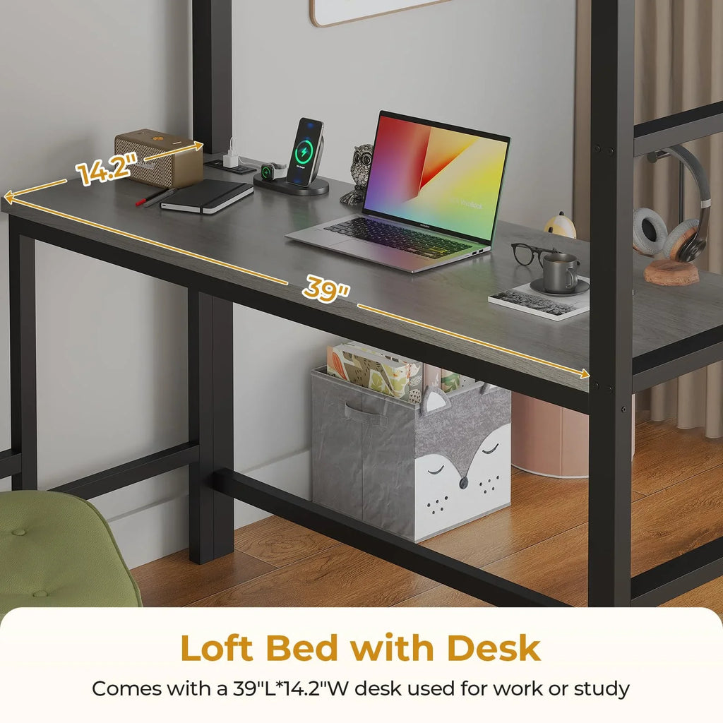 Afuhokles Twin Size Loft Bed with Desk and 8 Storage Drawers and Charging Station, Metal Loft Bed Twin with LED Lights, Storage Shelves, Black