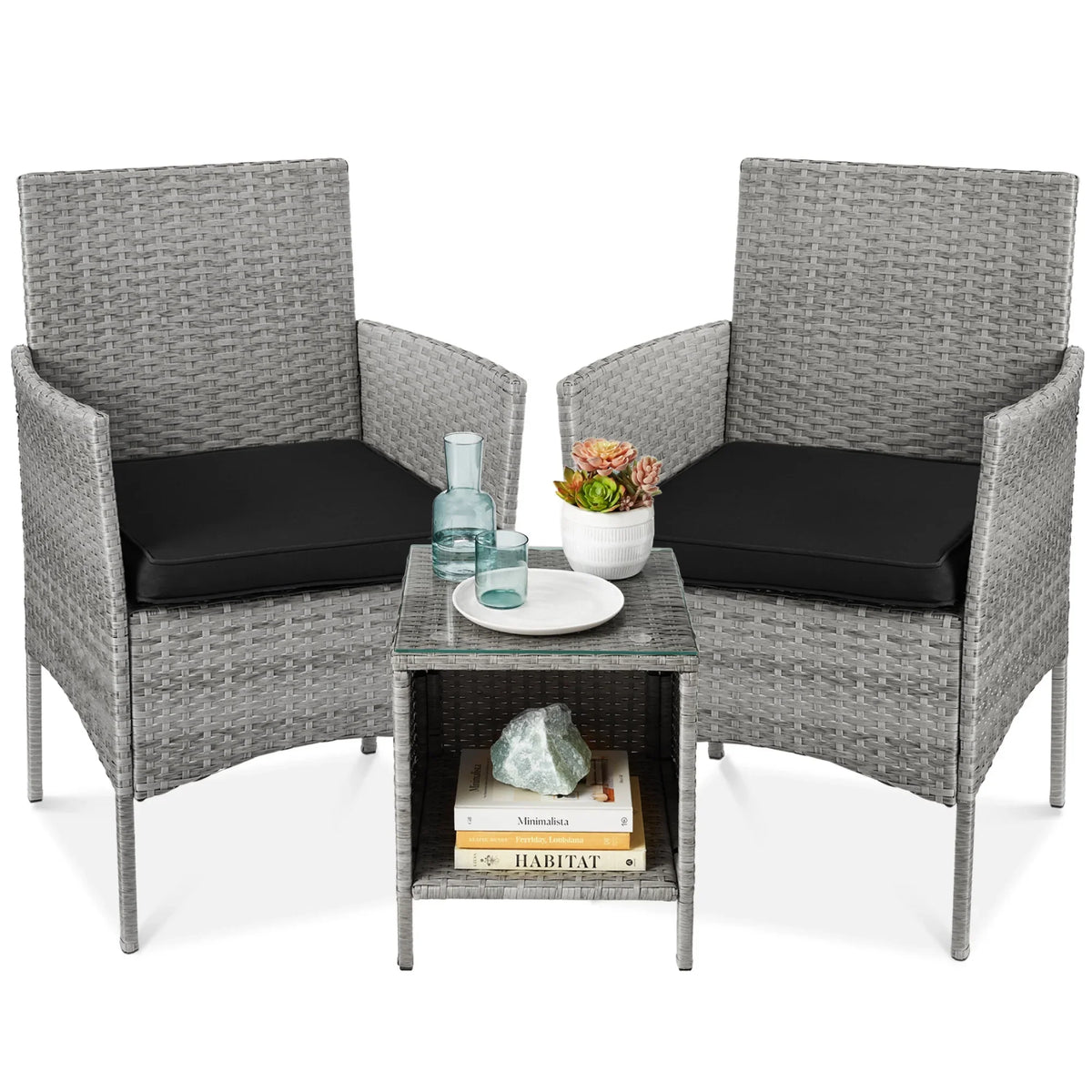 Best Choice Products 3-Piece Outdoor Wicker Conversation Patio Bistro Set, w/ 2 Chairs, Table - Gray/Navy