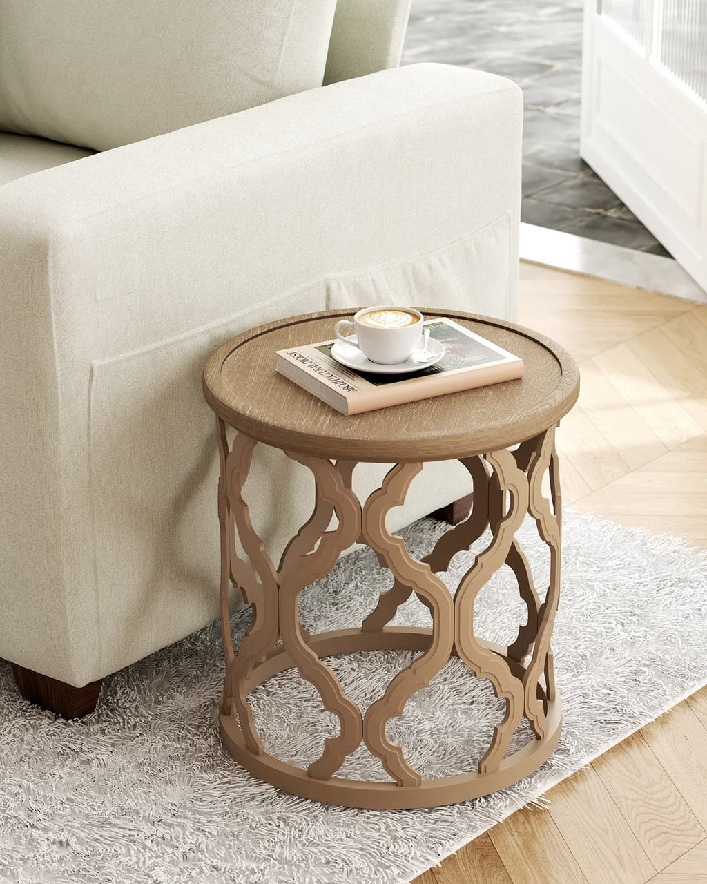 Bestco 30" Farmhouse Coffee Table, Round French Country Coffee Table, Distressed Wood Tray Top Vintage Coffee Table with Storage Shelf, Beige