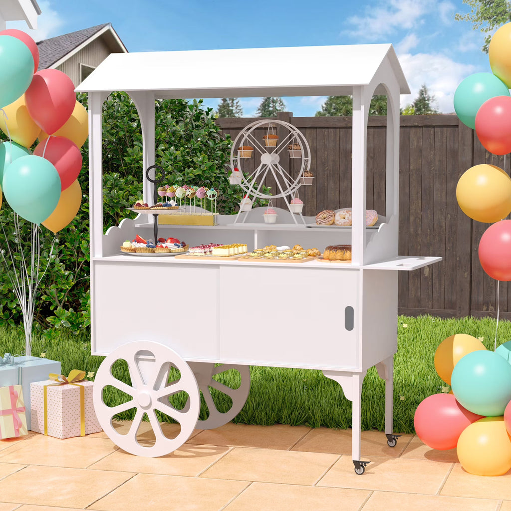 Candy Cart with Wheels for Party，Wood Dessert Cart with Storage Cabinet