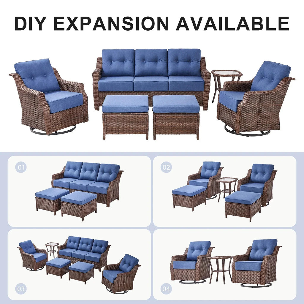 Bellefurn Outdoor Patio Furniture Set with Fire Pit and Swivel Rocker Chair,High-Back Wicker Outdoor Conversation Sets with 3 Seater Couch and Side Table Set for Porch,Deck,Garden