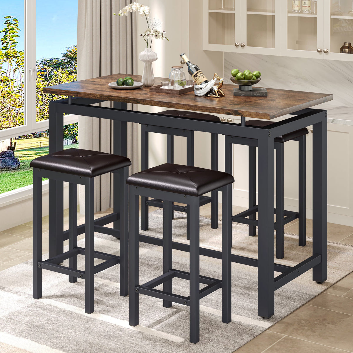 Counter Height Table Set of 5, Breakfast Bar Table and Stool Set, Minimalist Dining Table with Backless Stools, Wood Top Pub Table & Chair Set for Kitchen Apartment Bistro - Space Saving