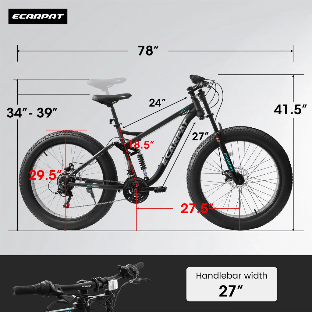Ambifirner 26" Fat Tire Mountain Bike with Full Suspension - 4" Wide All-Terrain Tires & Shimano 21-Speed Drivetrain - Outdoor Bike for Men/Women 85% Pre-Assembled Durable Design