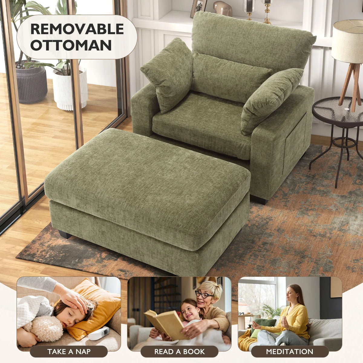 BedLuxury Oversized Accent Chair with Ottoman for Living Room,  Single Sleeper Sofa Armchair with 3 Pillows, Lounge Sofa Bed, Green