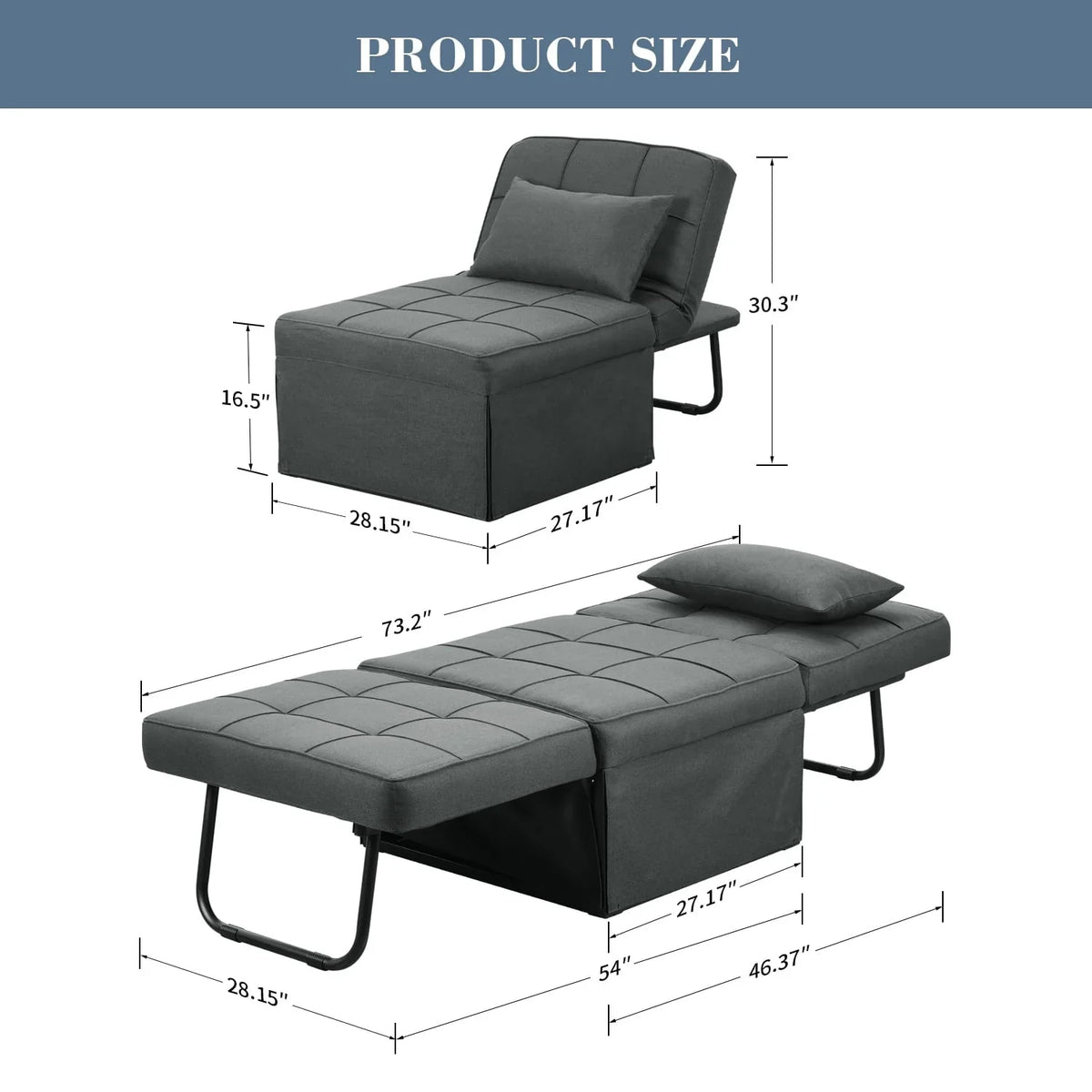 Ainfox Folding Sofa Bed, 4 in 1 Daybeds Ottoman Chair Lounge Couch for Guest Sleeper, Suitable for Modern Living Room, Bedroom, Small Single Size(Dark Grey)