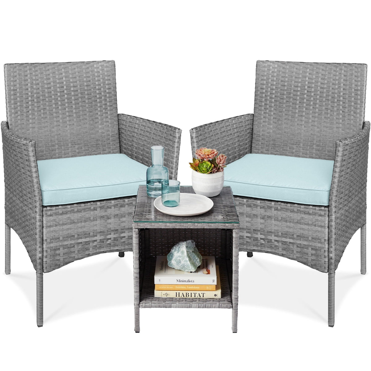 Best Choice Products 3-Piece Outdoor Wicker Conversation Patio Bistro Set, w/ 2 Chairs, Table - Gray/Navy