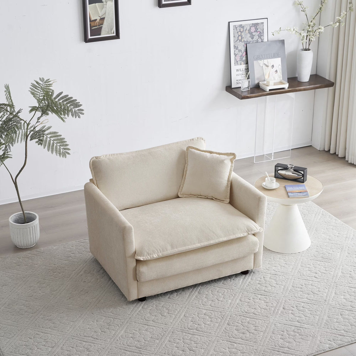 Comfy Deep Seat Sofa Chair, Upholstered Chenille Fabric Armchair with Toss Pillow for Living Room, Bedroom - Beige, Sturdy Wood Frame, 22+ Combination Options