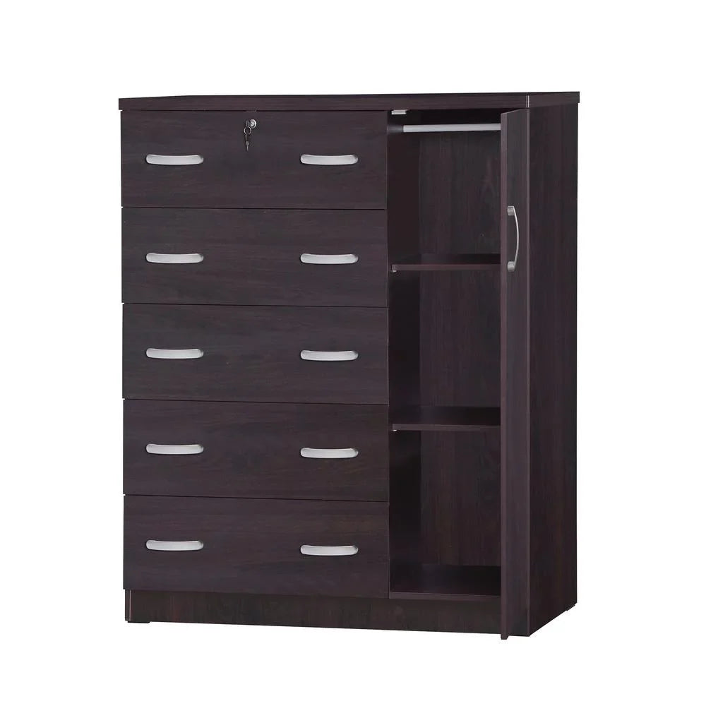 Better Home Products JCF Sofie 5 Drawer Wooden Tall Chest Wardrobe in Mahogany