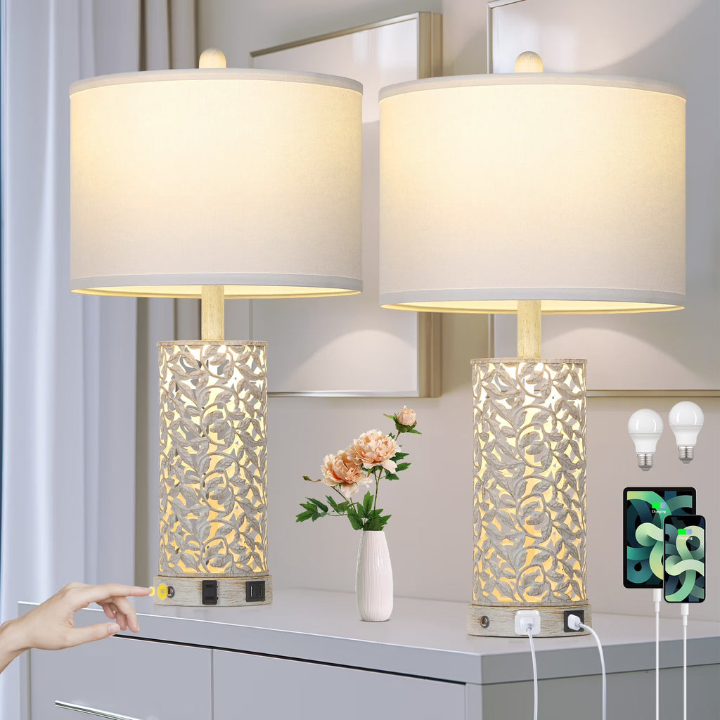 Cinkeda Table Lamp Set of 2 for Living Room Bedroom with USB Ports AC Outlet 3 Way Dimmable Touch Nightlight Farmhouse White Floral Nightstand Bedside Lamps