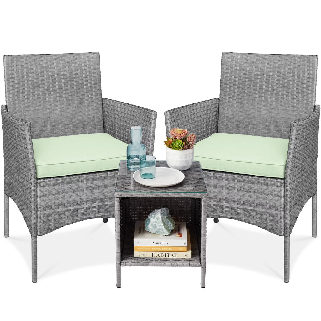 Best Choice Products 3-Piece Outdoor Wicker Conversation Patio Bistro Set, w/ 2 Chairs, Table - Gray/Navy
