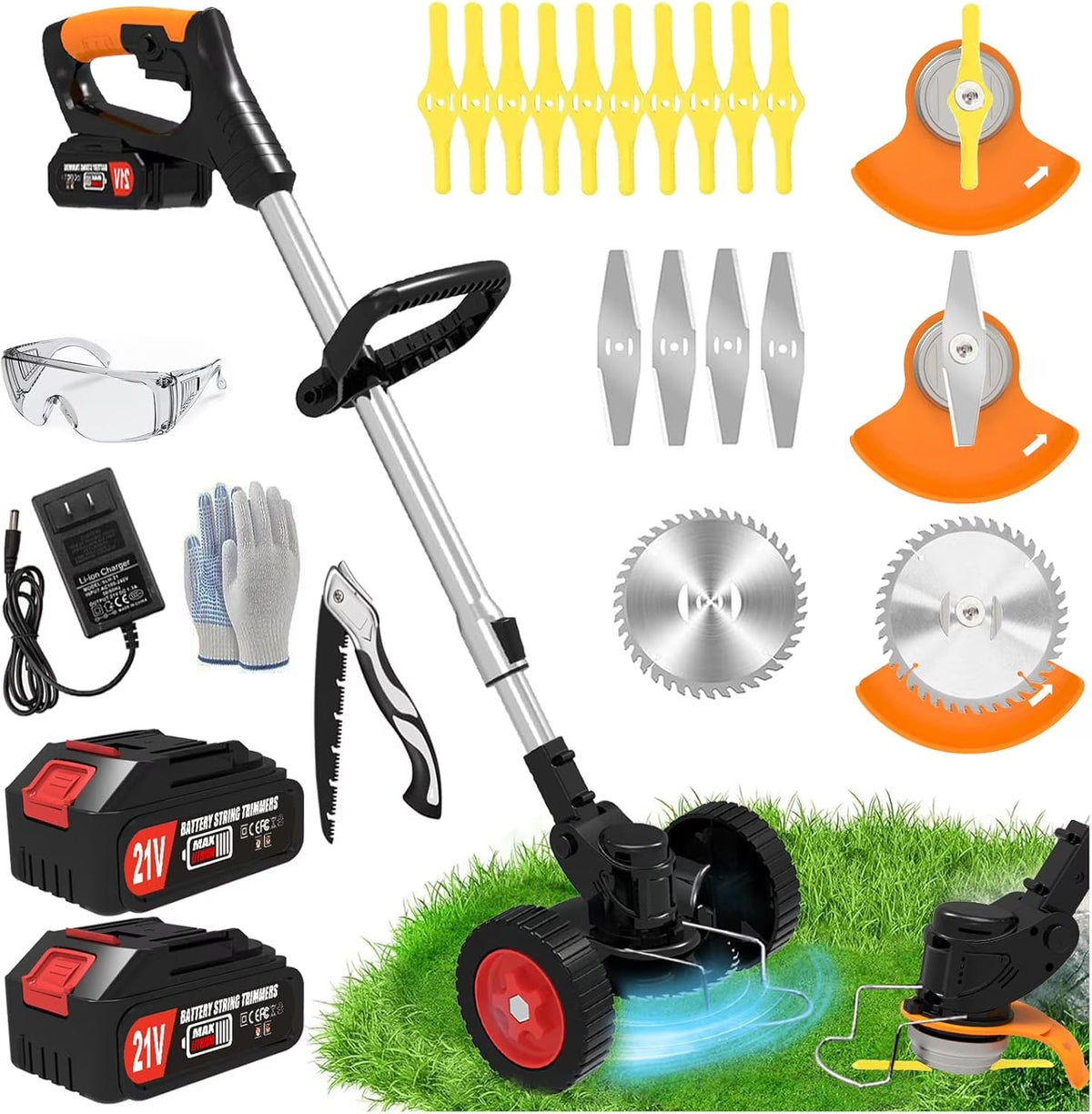 Cordless Electric  Trimmer, 21V Grass Edger with Wheels, 3-in-1 Metal/Saw/Plastic Blade, Adjustable Height & Noise Reduction, Includes Deluxe Accessories