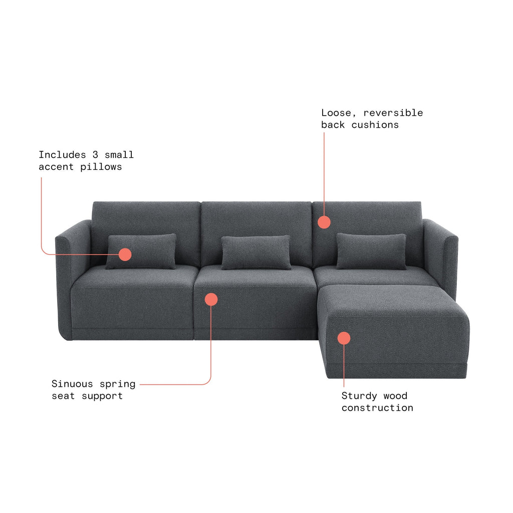 Beautiful Drew Modular Sectional Sofa with Ottoman by Drew Barrymore, Gray Fabric