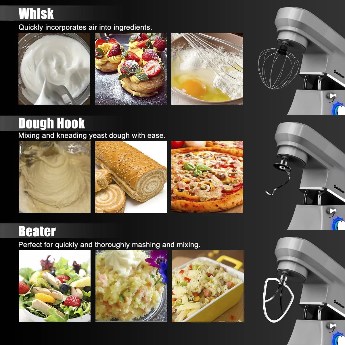 Costway Tilt-Head Stand Mixer 7.5 Qt 6 Speed 660W with Dough Hook, Whisk & Beater Silver