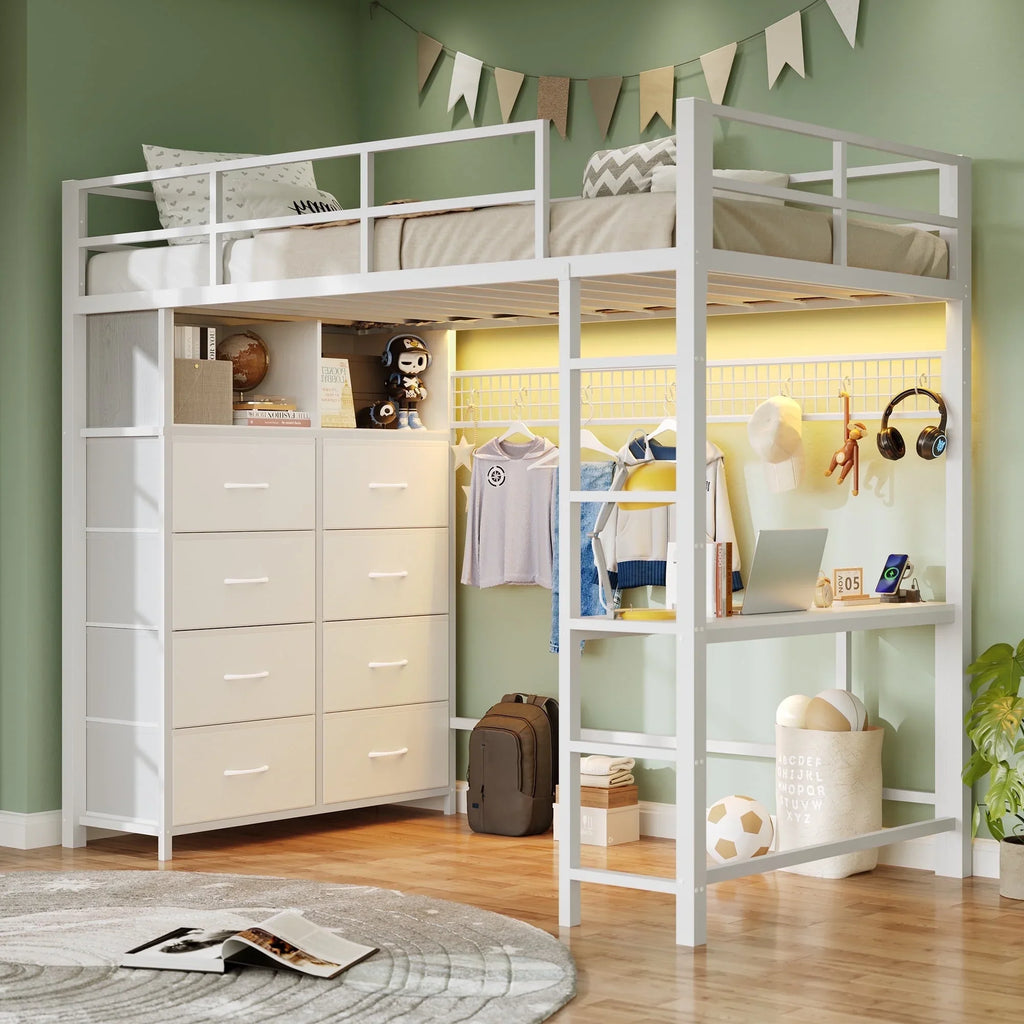 Afuhokles Twin Size Loft Bed with Desk and 8 Storage Drawers and Charging Station, Metal Loft Bed Twin with LED Lights, Storage Shelves, Black