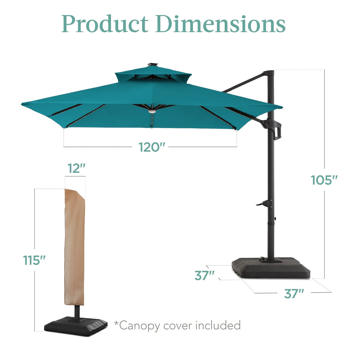Best Choice Products 10x10ft 2-Tier Square Outdoor Solar LED Cantilever Patio Umbrella w/ Base Included - Tan