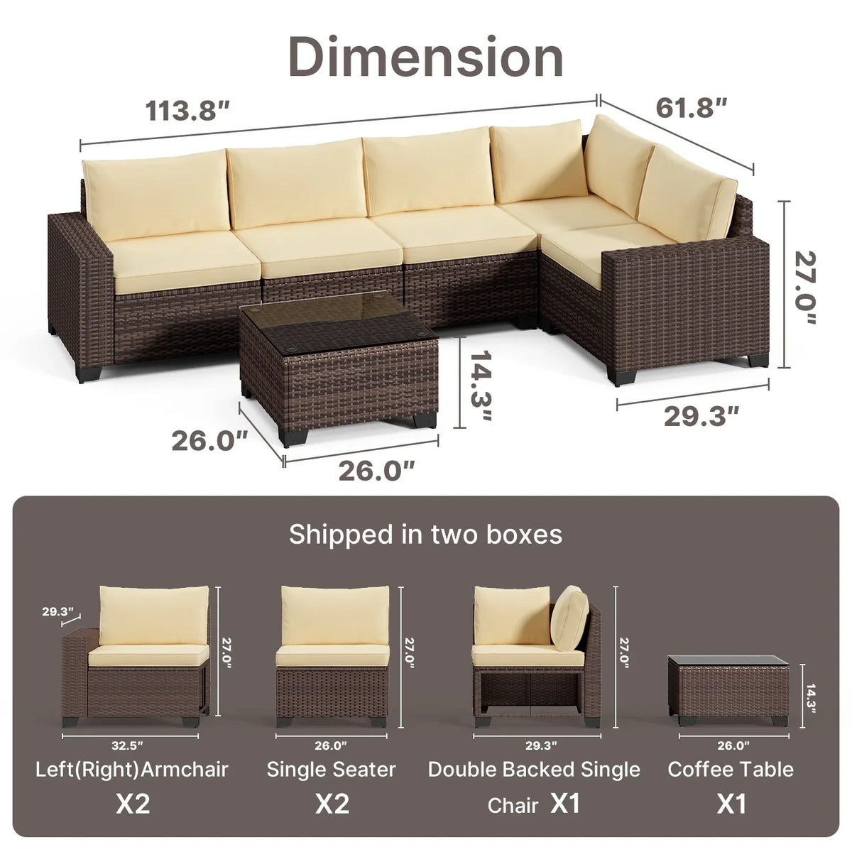 Aiho 7-Piece Rattan Patio Furniture Set , Outdoor Sectional Furniture Set for Patio, Garden, Backyard, Grey